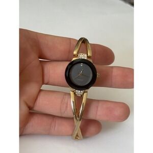 Gold Tone Black Dial Crystal Accent Women's Bangle Fashion Watch